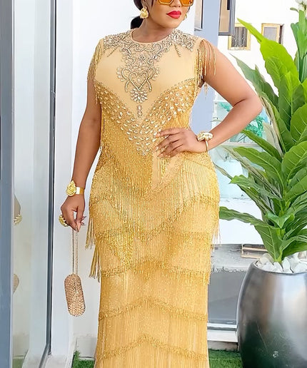 Fringe Crystal-Embellished Cap Sleeve Maxi Dress | Bridal Reception Wedding Mother of The Bride Birthday Party