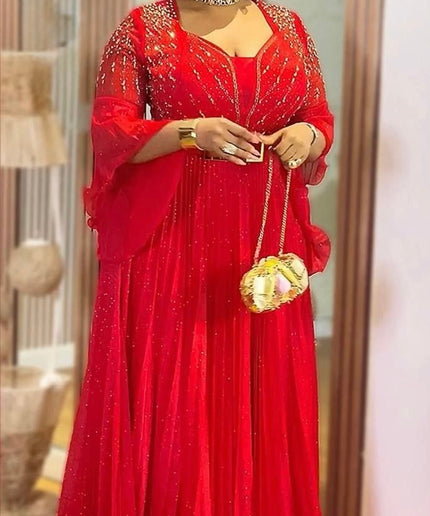 Glamorous Gold Embellished Wide Sleeve Pleated Maxi Dress, Floor Length Formal Evening Gown for Mother of The Bride Wedding Guest Cocktail Gala Anniversary Plus Size