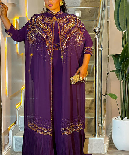 Purple Kaftan 2-Piece Rhinestone Dress for Wedding Guest Cocktail Mother of The Bride