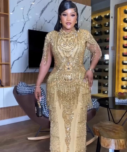 Metallic Gold Fringe Crystal-Embellished Maxi Dress | Wedding Birthday Graduation
