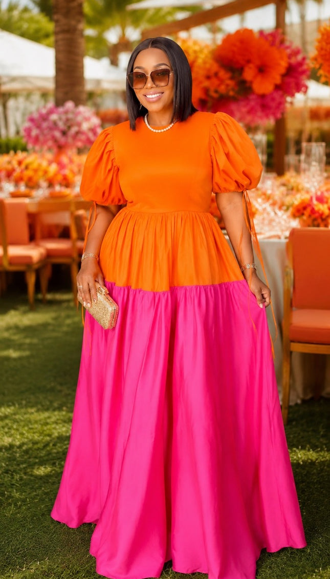 Fabulous Color-Blocked Puff Sleeve Tangerine Orange and Hot Pink Summer Wedding Guest Dress for Party Birthday Cocktail Dinner Reception Photoshoot