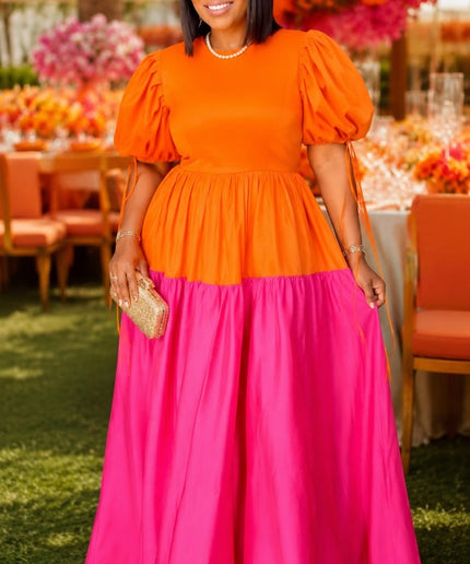 Fabulous Color-Blocked Puff Sleeve Tangerine Orange and Hot Pink Summer Wedding Guest Dress for Party Birthday Cocktail Dinner Reception Photoshoot