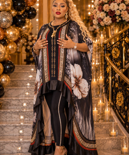 Bring The Drama Pink Rhinestone Ruffle Kaftan & Leggings 2-Piece Party Outfit for Summer Wedding Guest Birthday Party Cocktail Dinner