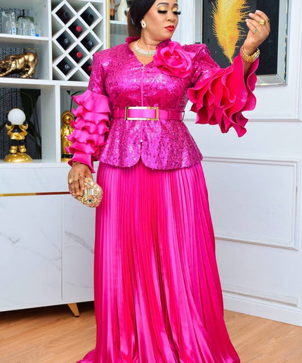 Sequin Ruffle Wedding Guest Outfit Plus Size Mother of The Bride, Peplum Top & Pleated Skirt 2 Piece Matching Set, Curvy Women Fashion