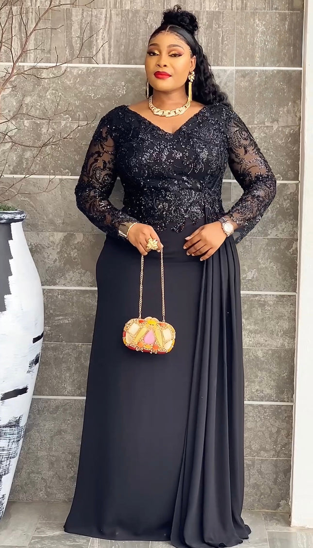 Black Sequin Crystal-Embellished Draped Maxi Dress for Mother of The Bride Wedding Guest Anniversary Celebrant Worthy