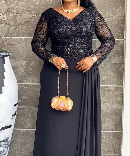 Black Sequin Crystal-Embellished Draped Maxi Dress for Mother of The Bride Wedding Guest Anniversary Celebrant Worthy