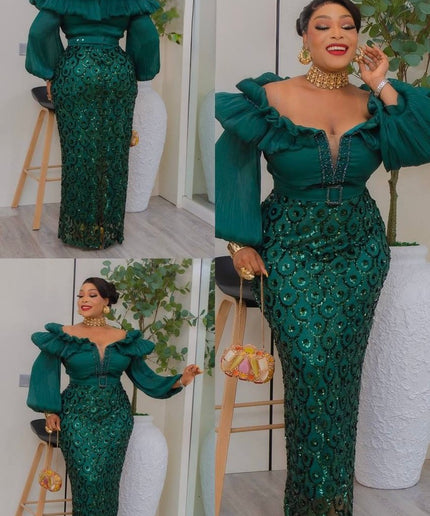 Off-The-Shoulder Sequin Bishop Sleeve Party Dress: Wedding Birthday Cocktail Gala