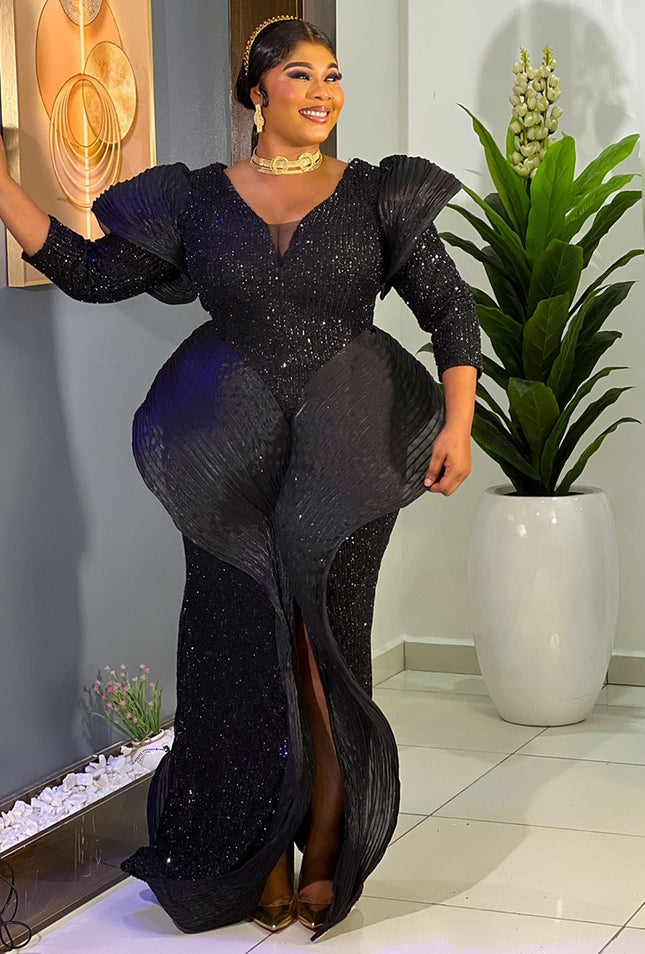 Dramatic Structured Sequin Maxi Dress All Black Party Attire Wedding Guest Gala Anniversary Outfit