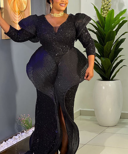 Dramatic Structured Sequin Maxi Dress All Black Party Attire Wedding Guest Gala Anniversary Outfit