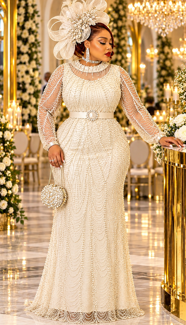 "Leave Them Speechless" Golden Fully Beaded Embellished Mermaid Evening Gown with Long Sleeves Formal Wedding Guest Mother of The Bride Holiday Gala Maxi Party Dress Plus Size