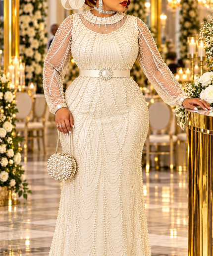 "Leave Them Speechless" Black Fully Beaded Embellished Mermaid Evening Gown with Long Sleeves Formal Wedding Guest Mother of The Bride Holiday Gala Maxi Party Dress Plus Size