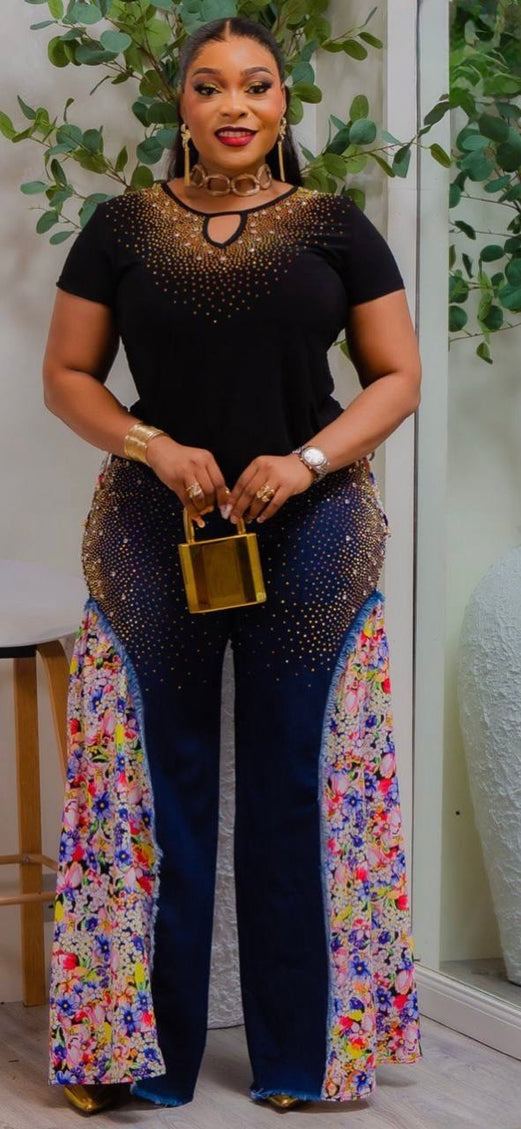 Denim & Diamonds 2-Piece Party Outfit, Curvy Cotton Stretch Matching Rhinestones Jeans Set