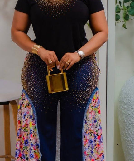 Denim & Diamonds 2-Piece Party Outfit, Curvy Cotton Stretch Matching Rhinestones Jeans Set