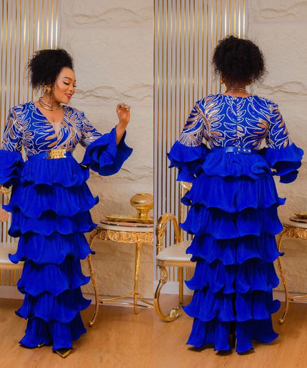 White and Gold Sequin Party Dress, Tiered Waterfall Ruffles Long Maxi Plus Size Mother of The Bride Gown, Cocktail Graduation Dinner Gala