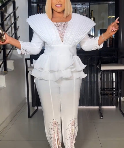 Elegant All White Party Outfit Rhinestone Blouse & Slit Pants 2 Piece with Ruffles Peplum Party Wear