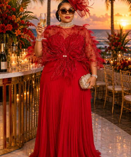 "The Showstopper" Gold Embellished Feathered Pleated Twirl A-Line Maxi Dress Floor-Length Formal Evening Gown for Mother of The Bride Wedding Guest Bridal Dinner Celebrant Birthday Party Engagement Ceremony Holiday Photoshoot