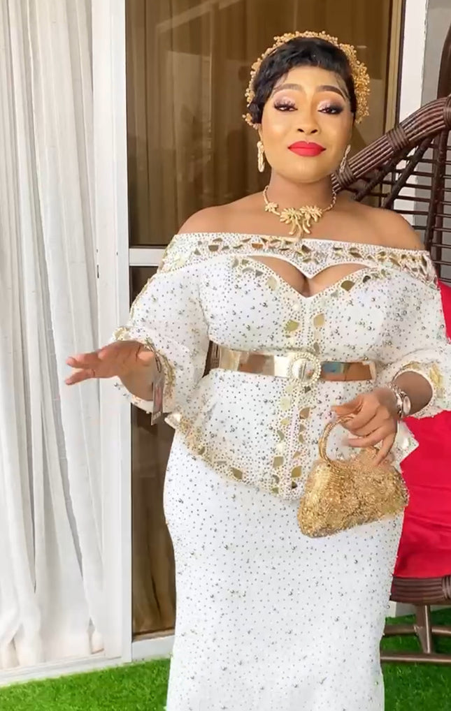 Off-The-Shoulder Embellished Wedding Guest Outfit 2 Piece Peplum Blouse and Skirt, Mother of The Bride Dress Plus Size Birthday Party Gala Cocktail Anniversary