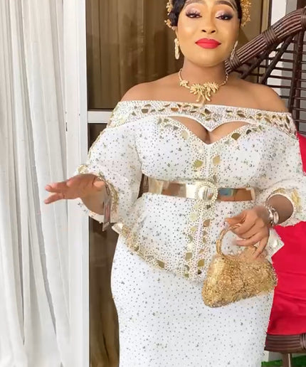 Off-The-Shoulder Embellished Wedding Guest Outfit 2 Piece Peplum Blouse and Skirt, Mother of The Bride Dress Plus Size Birthday Party Gala Cocktail Anniversary