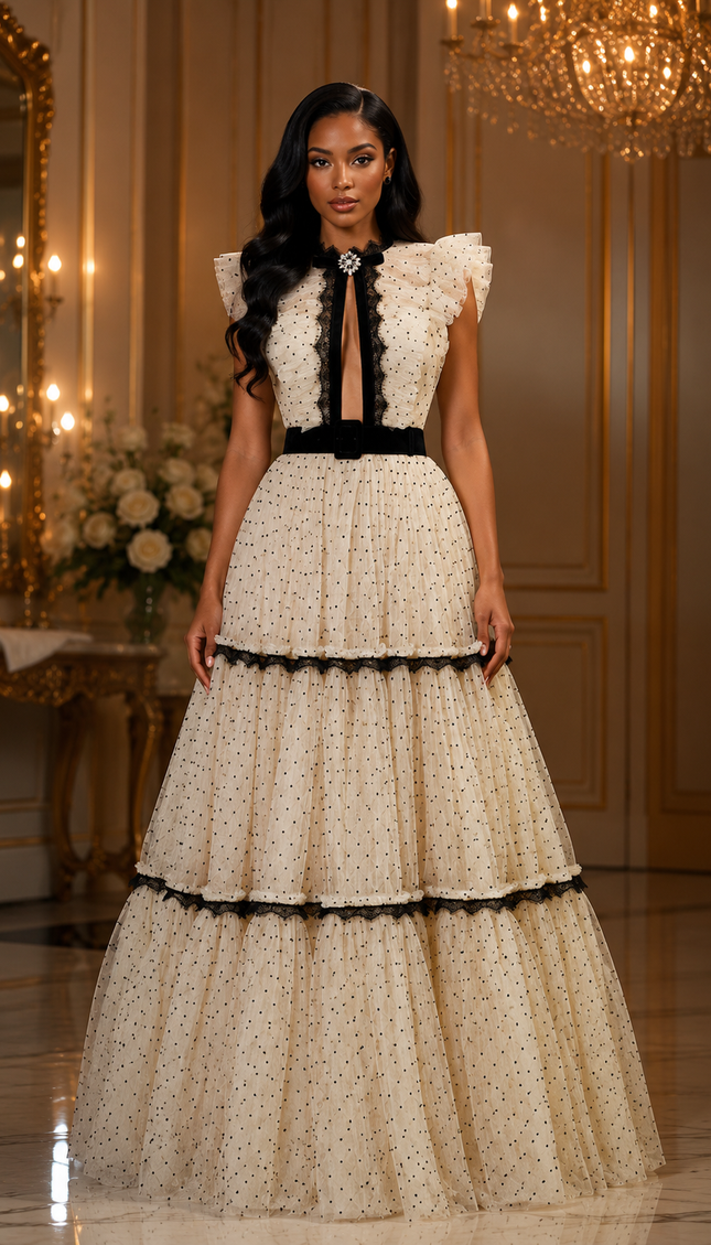 Elegant Pink Dotted Tulle Evening Gown with Dramatic Tiered Ruffles, Wedding Guest Photoshoot Birthday Party Gala Cocktail