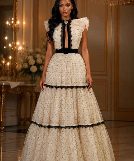 Elegant Dotted Tulle Evening Gown with Dramatic Tiered Ruffles and Velvet Ribbon Accent, Wedding Guest Bridal Photoshoot Birthday Party Gala Cocktail Reception