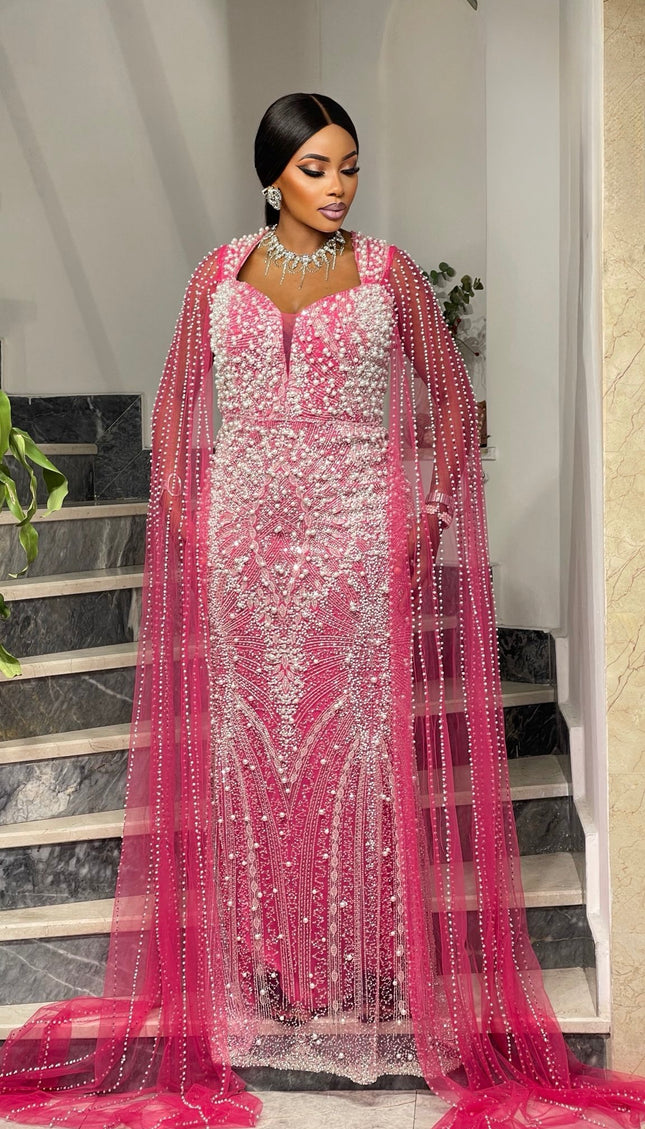 Pink Embellished Cape Sleeve Gown - Mother of The Groom Bridal Reception Anniversary Gala Engagement