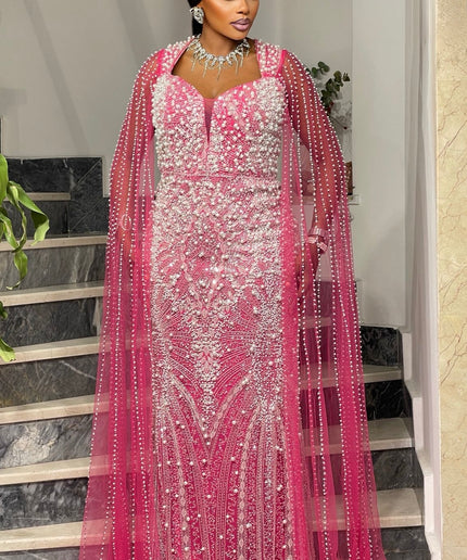 Pink Embellished Cape Sleeve Gown - Mother of The Groom Bridal Reception Anniversary Gala Engagement