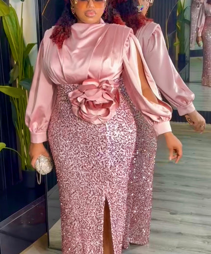 Purple Sequin Wedding Guest Dress Slit Sleeve, Plus Size Evening Wear Mother of The Bride, Cocktail Anniversary Party Birthday