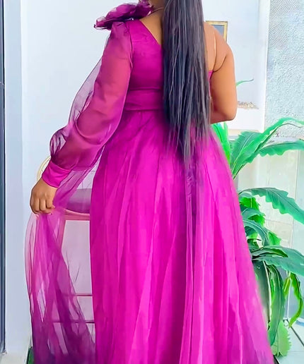 One Shoulder Tulle A-Line Maxi Gown with Slit, Mother of The Bride Plus Size Blue Summer Wedding Guest Gown Birthday Party Cocktail Gala