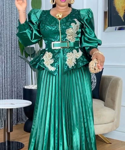 Embroidered Sequin Pleated Party Dress