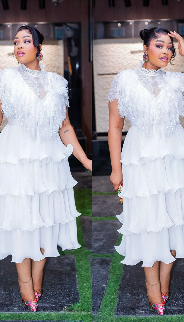 Fabulous Waterfall Ruffle Embellished Twirl Skater Midi Dress for Summer Wedding Guest Birthday Cocktail Graduation All White Party Outfit