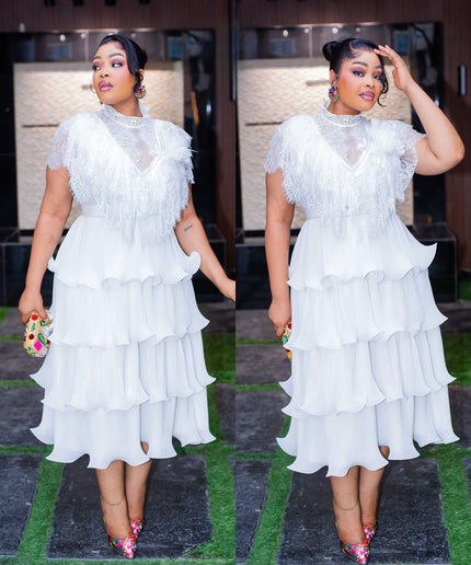 Fabulous Waterfall Ruffle Embellished Twirl Skater Midi Dress for Summer Wedding Guest Birthday Cocktail Graduation All White Party Outfit