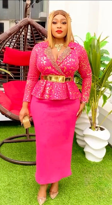 Fuchsia Embellished Wedding Guest Attire 2 Piece Set Peplum Blouse + Skirt | Birthday Cocktail Reception Dinner Mother of The Bride