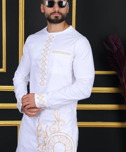 African Men's Traditional Wedding Attire, Black Embroidered Shirt & Pants Cotton 2-Piece Set, Groom Groomsmen Outfit Graduation Birthday Party