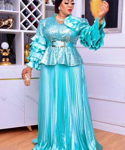 Sequin Ruffle Wedding Guest Outfit Plus Size Mother of The Bride, Peplum Top & Pleated Skirt 2 Piece Matching Set, Curvy Women Fashion