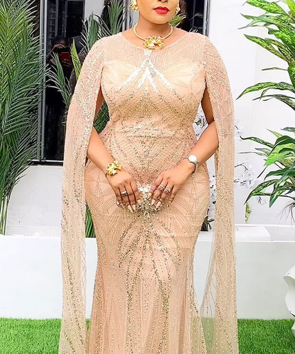 Beaded Embellished Cape Sleeve Maxi Dress