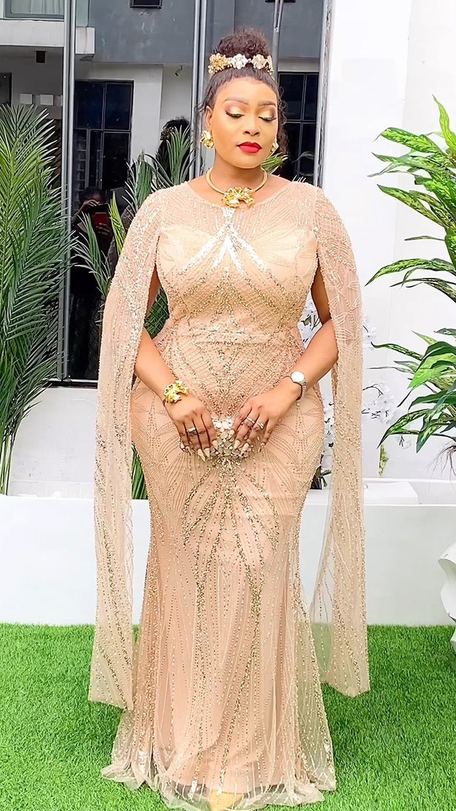 Beaded Embellished Cape Sleeve Maxi Dress FASHIONISKO Beaded Embellished Cape Sleeve Maxi Dress FASHIONISKO