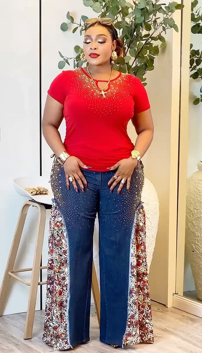 Denim & Diamonds 2-Piece Party Outfit, Curvy Cotton Stretch Matching Rhinestones Jeans Set