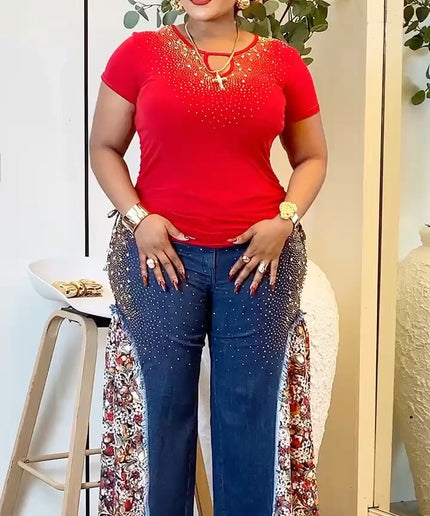 Denim & Diamonds 2-Piece Party Outfit, Curvy Cotton Stretch Matching Rhinestones Jeans Set