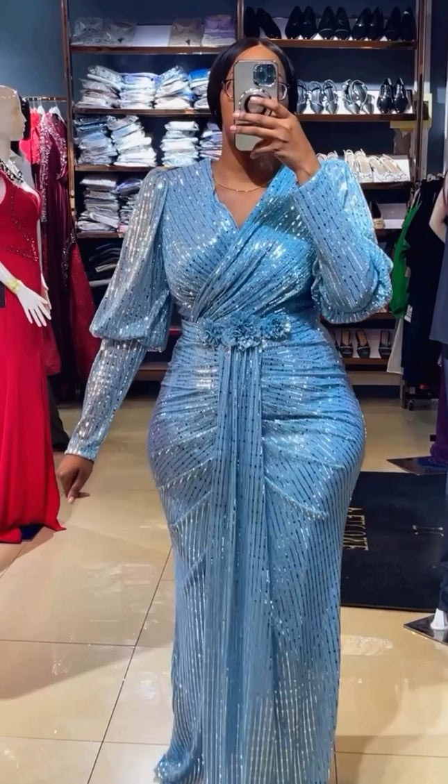 Sparkly Blue Wedding Guest Mermaid Dress, Ruched Maxi Plus Size Mother of The Bride, Celebrant Birthday Party Cocktail