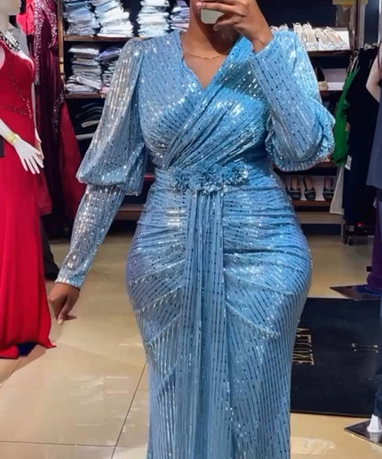 Sparkly Blue Wedding Guest Mermaid Dress, Ruched Maxi Plus Size Mother of The Bride, Celebrant Birthday Party Cocktail