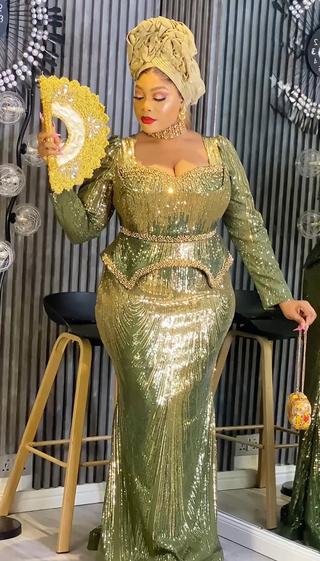 Pink Sequin Embellished Peplum Mermaid Gown