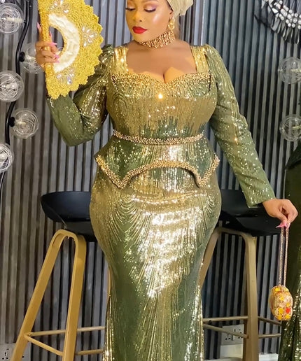 Pink Sequin Embellished Peplum Mermaid Gown