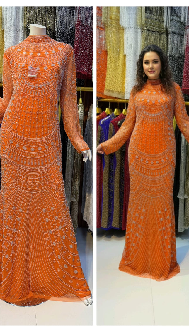 Orange Bead-Embellished Long Sleeve Mermaid Gown: Wedding Guest Attire Mother of the Bride Birthday Party Prom Dress
