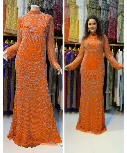 Orange Bead-Embellished Long Sleeve Mermaid Gown: Wedding Guest Attire Mother of the Bride Birthday Party Prom Dress