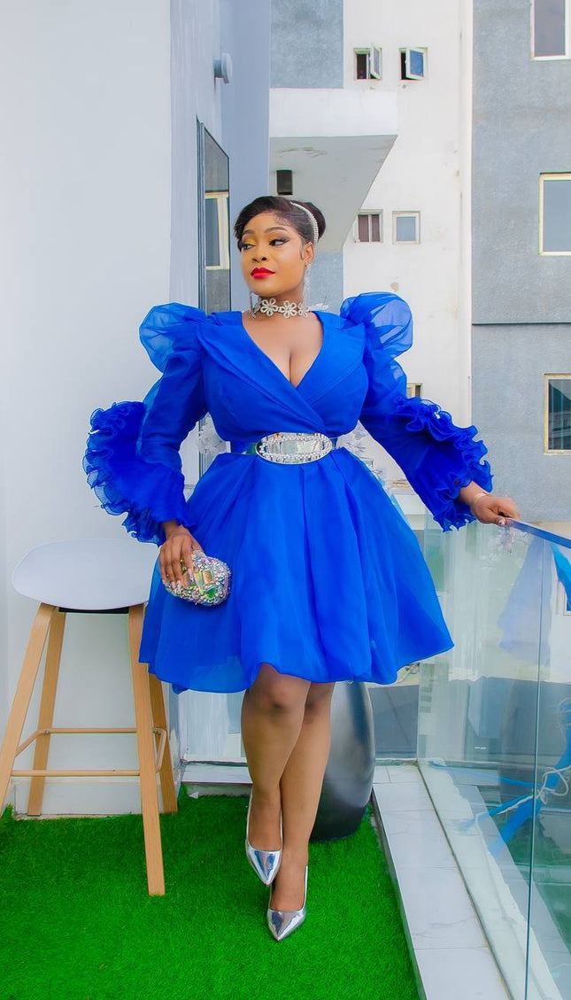 Blue Ruffle Sleeve Fit & Flare Skater Dress for Birthday Dinner Bridal Photoshoot Wedding Guest Engagement Ceremony