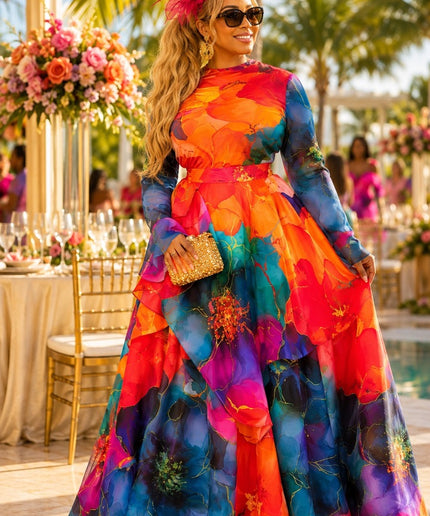 "Main Character" Orange Mesh Top & Ruffle Organza A-Line Skirt for Birthday Photoshoot Wedding Guest Celebrant Anniversary Gala Dinner 3-Piece Party Outfit