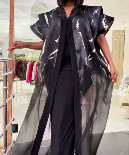 Black Brocade Kaftan Dress 2-Piece Outfit for Wedding Guest Birthday Party Dinner Cocktail Reception