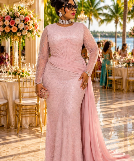 "Love, Lace & Luxury" Beige Sequin Embellished Wedding Guest Dress Floor-Length Draped Formal Evening Gown Mother ofThe Bride Church Gala