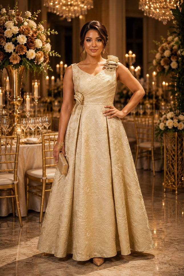 Gold Floral Brocade Shoulder Bow Twirl A-Line Dress for Wedding Guest Mother of The Bride Cocktail Party Outfit