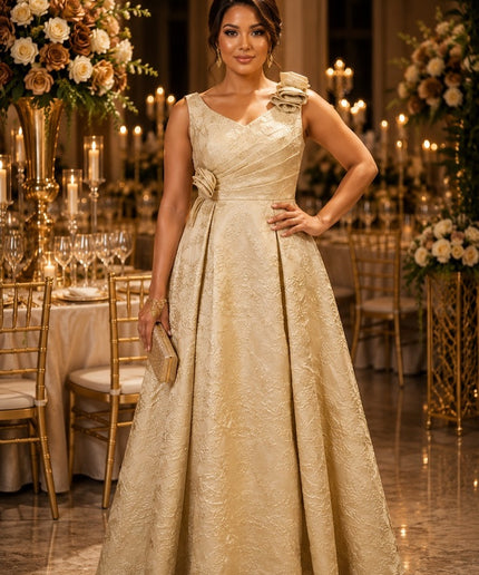Gold Floral Brocade Shoulder Bow Twirl A-Line Dress for Wedding Guest Mother of The Bride Cocktail Party Outfit